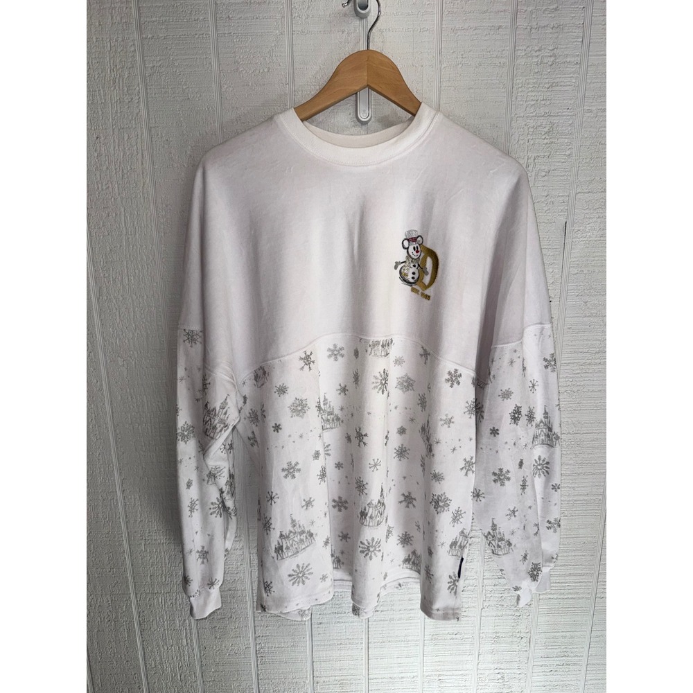Disney Spirit Jersey Women White Snowflake Castle Gold Foil Holiday Large